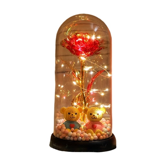 Mlkoz Valentine's day Decor, Battery Powered Glass Rose Light Christmas Gift For Women Wife Grandma LED Preserved Flower Two Little Bears Night Lamp Valentines Birthday, Women Gifts