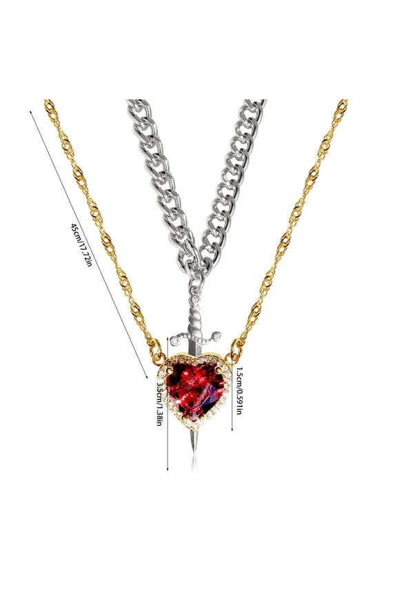 Valentines Decor, Red Crystal Heart-shaped Dagger Pendant Layered Necklace With French Women's Collarbone Chain