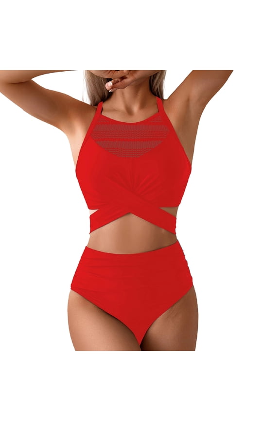Womens Bathing Suits High Waisted Ruched Crew Neck Mesh Hollow Out Bikini Solid Color Two Piece Swimsuit