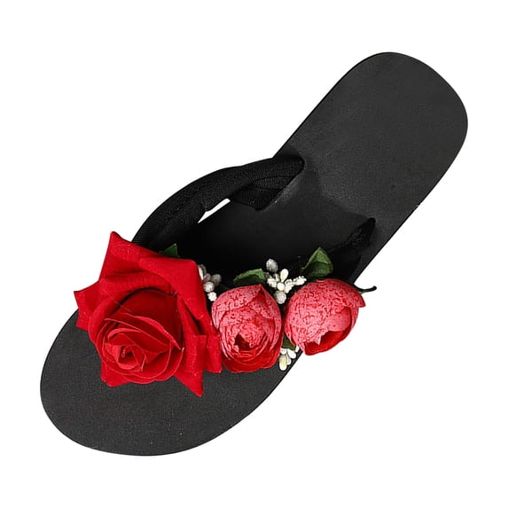 Mlkoz Womens Beach Flat Sandals Flowers Appliques Flip Flops Trendy Vacation Round Open Toe Sandals Shoes Fashion Slippers