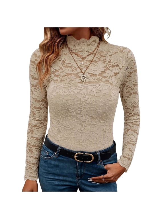 Womens Lace Mock Neck Top Half High Collar Mesh Long Sleeve Base Layer Winter Blouse