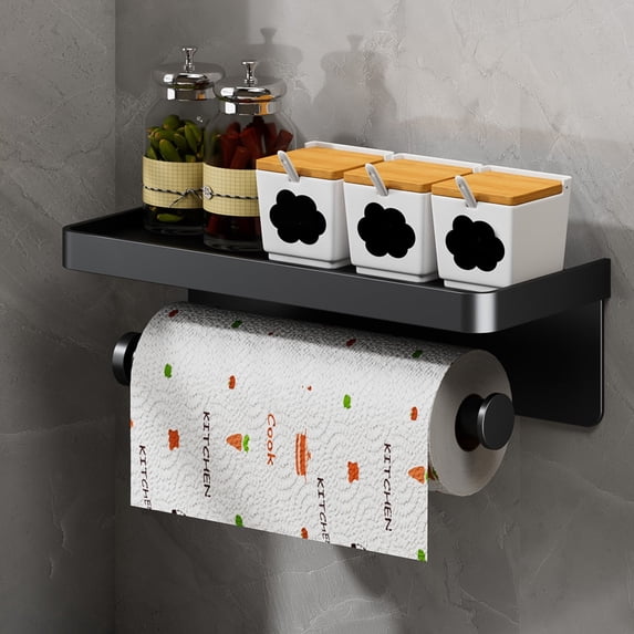 Mlless Paper Towel Holder with Shelf for Kitchen and Bathroom - Wall Mount, Black Aluminum