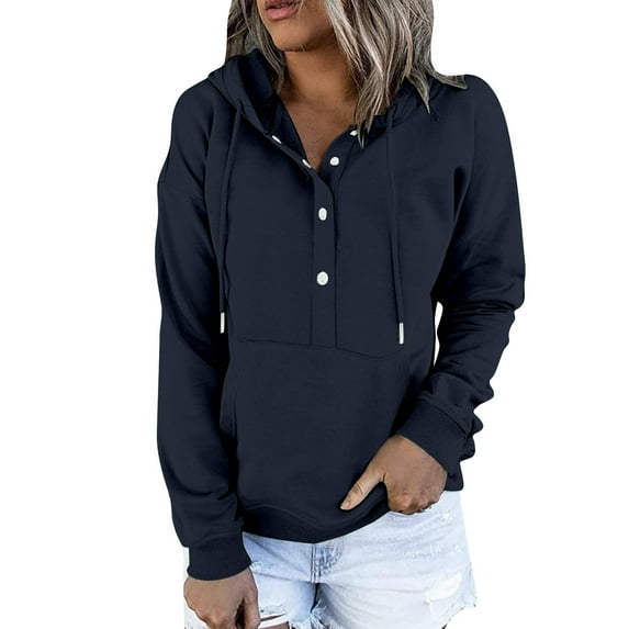 Mlmzgr Womens Hoodies Fleece Long Sleeve 1/4 Button Drawstring Sweatshirts with Pockets Solid Color