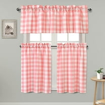 Mloabuc 3 Piece Semi Sheer Kitchen Curtains - Light Filtering Buffalo Plaid Tier and Valance Window Curtains Set, Pink and White, 52 W x 18 L (1 Panel)   26 W x 36 L (2 Panels)