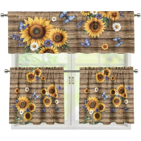 Mloabuc 3PCS Sunflower Kitchen Curtains Brown Retro Wooden Sunflower Butterfly Window Curtain Sets with Valance Rod Pocket Tier Curtains Valance Cafe Window Short Door Curtain Decoration,54"x24"