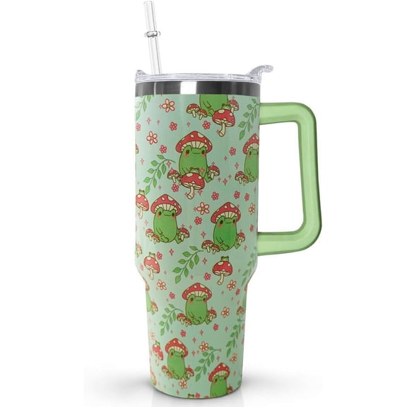 Mloabuc 40 oz Frog Tumbler with Handle, Lid and Straw - Cute Green Kawaii Mushroom Gifts for Women, Decor, Accessories