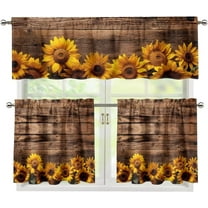 Mloabuc Brown Wooden Sunflower Kitchen Curtain Valance and 36" Tiers Set of 3 Soft Cafe Curtains with Rod Pocket Blackout Drape Window Set for Home Window Fall Decorations