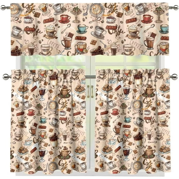 Mloabuc Coffee Theme Kitchen Curtains Set for Window Curtains Valance Set of 3,Cute Dwarf 24 Inch Length Tier Curtains Cafe Bar Window Curtains, Rod Pocket,Easy to Install,Size M
