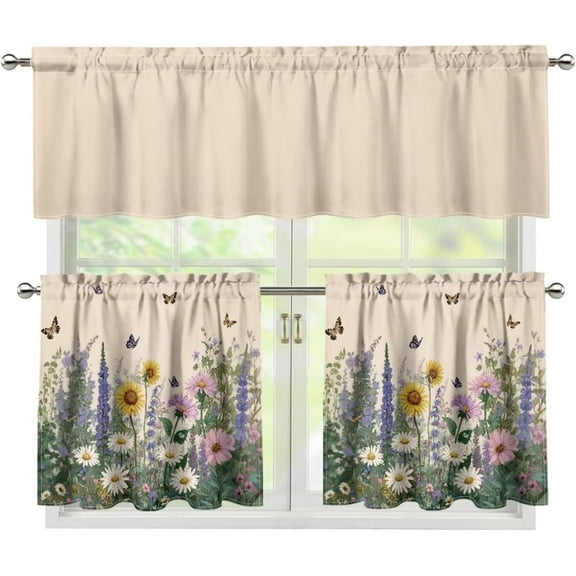 Mloabuc Daisy Lavender Butterflies Kitchen Curtains Set for Farmhouse 3 Piece Rod Pocket Short Tier Curtain Sunshine Light Blocking,54"x24"