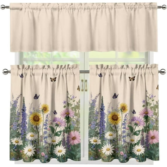 Mloabuc Daisy Lavender Butterflies Kitchen Curtains Set for Farmhouse 3 Piece Rod Pocket Short Tier Curtain Sunshine Light Blocking,54"x36"
