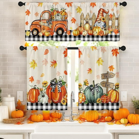 Mloabuc Fall Buffalo Plaid Kitchen Window Curtains and Valances Set 36 Inch, Pumpkins Truck Gnomes Leaves Vintage Short Tier Curtain for Cafe Living Room Bathroom, Autumn 3 Pieces Set Kitchen Decor