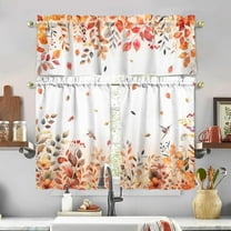 Mloabuc Fall Kitchen Curtains and Valance Set of 3, Autumn Eucalyptus Leaves Kitchen Window Tier Curtains Floral Bird Farmhouse Window Valances Rod Pocket Panels for Fall Home Decor