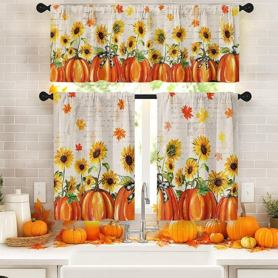 Mloabuc Fall Kitchen Window Curtains and Valances Set 36 Inch, Pumpkin Sunflowers Maple Leaves Vintage Orange Short Tier Curtain for Cafe Living Room Bathroom, Autumn 3 Pieces Set Kitchen Decor
