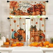 Mloabuc Fall Kitchen Window Curtains and Valances Set 36 Inch, Vintage Red Football Truck Pumpkins Leaves Short Tier Curtain for Cafe Living Room Bathroom, Autumn 3 Pieces Set Kitchen Decor