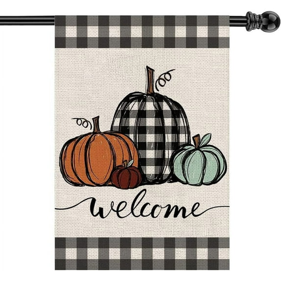 Mloabuc Fall Pumpkins Garden Flag Autumn Welcome House Flag Thanksgiving Buffalo Check Fall Yard Flag Farmhouse Double Sided Lattice Vertical Outdoor Decor 28 x 40 In