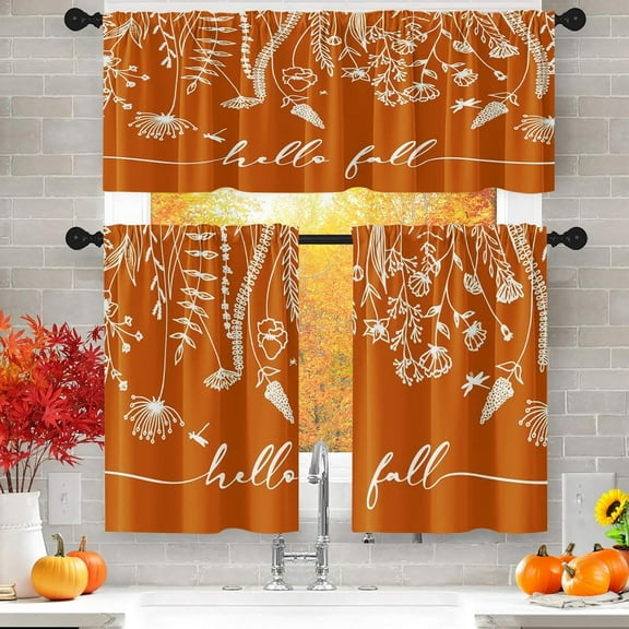 Mloabuc Flower Herbs Fall Kitchen Curtains with Valance and Tier Sets 36 Inch, 3 Pieces Floral Plant Leaves Rod Pocket Drapes Window Treatment Curtains for Kitchen Over Sink Dining Room Decor