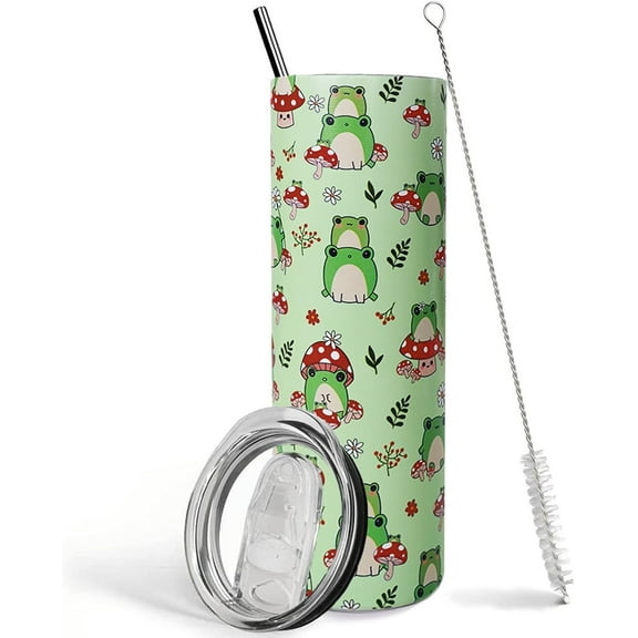 Mloabuc Frog Tumbler with Lid and Straw,Cute Green Kawaii Frog Mushroom Tumbler,Frog Gifts for Women,Kawaii Frog Stuff/Decor/Accessories/Things