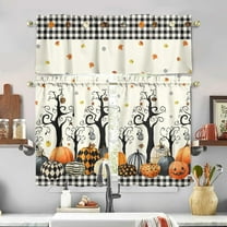 Mloabuc Halloween Kitchen Curtains and Valance Set of 3, Autumn Pumpkin Kitchen Window Tier Curtains Plaid Tree Farmhouse Window Valances Rod Pocket Panels for Fall Halloween Home Decor