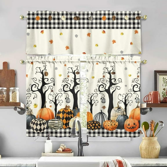 Mloabuc Halloween Kitchen Curtains and Valance Set of 3, Autumn Pumpkin Kitchen Window Tier Curtains Plaid Tree Farmhouse Window Valances Rod Pocket Panels for Fall Halloween Home Decor