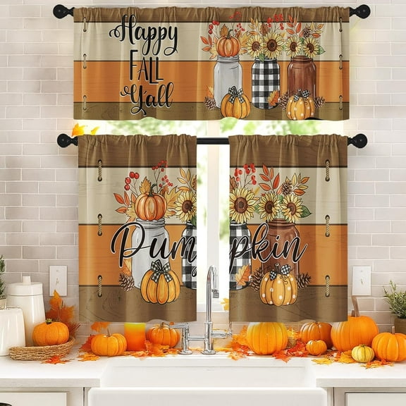 Mloabuc Happy Fall Yall Kitchen Window Curtains and Valances Set 36 Inch, Pumpkins Rustic Farmhouse Short Tier Curtain for Cafe Living Room Bathroom, Autumn 3 Pieces Set Kitchen Decor