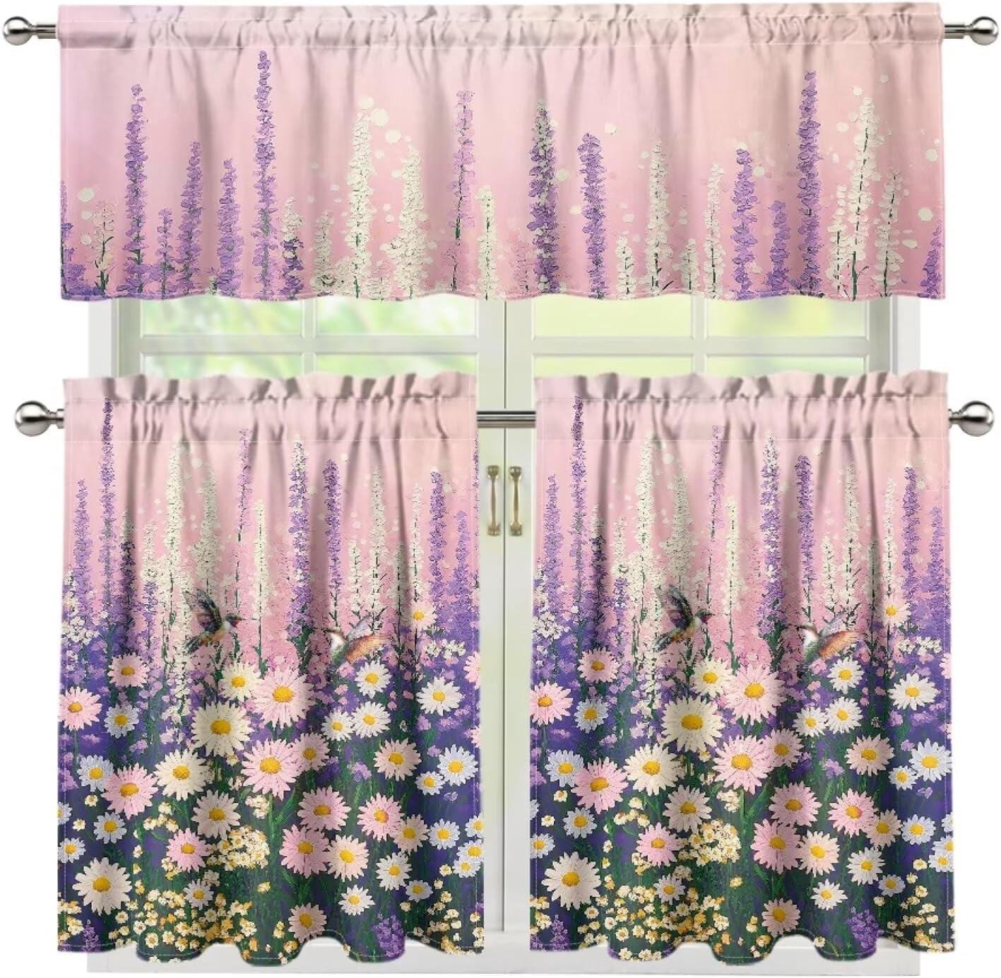 Mloabuc Kitchen Curtain Valance and Tiers Set of 3 Cottagecore Flower ...