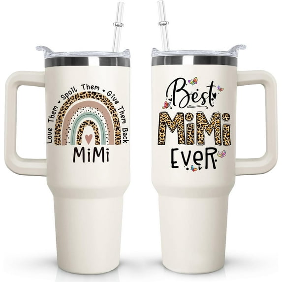 Mloabuc Mimi Tumbler with Handle Lid and Straw, 40 oz Best Mimi Ever Vacuum Insulated Travel Coffee Mug CupTumbler, Mothers Day Gifts for Grandmother