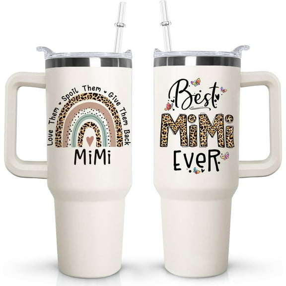 Mloabuc Mimi Tumbler with Handle Lid and Straw, 40 oz Best Mimi Ever Vacuum Insulated Travel Coffee Mug CupTumbler, Mothers Day Gifts for Grandmother