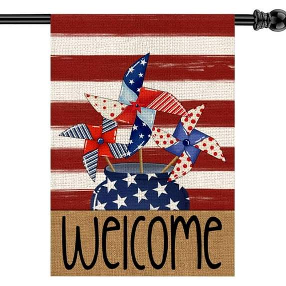 Mloabuc Patriotic Watercolor Stripes Windmill Freedom House Flag Double Sided, 4th of July Memorial Day Independence Day Yard Outdoor Decoration 28x40 Inch