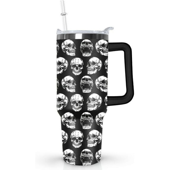 Mloabuc Skull Tumbler with Handle, 40oz, Lid and Straw - Goth Halloween Decor for Women