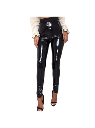 JBEELATE Women Faux Patent Leather Leggings Wet Look Metallic Waist Pants  Trousers High Waist Elastic Tights 