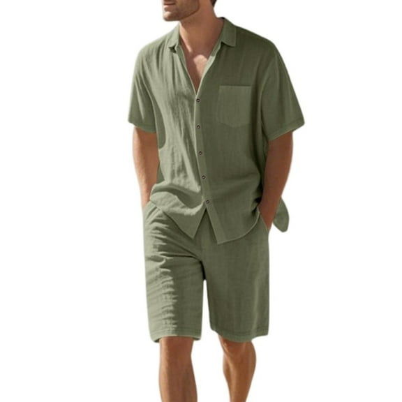 Mlqidk 2 Piece Linen Short Set for Men Beach Casual Short Sleeve Button Down Shirts Lightweight Shorts Sets Summer Outfits Army Green 3XL