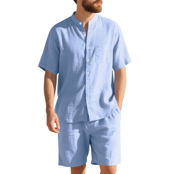 Mlqidk 2 Piece Linen Short Set for Men Beach Casual Short Sleeve Button Down Shirts Loose Shorts Sets Summer Outfits Light Blue 3XL