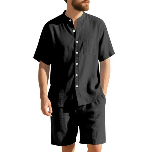 Mlqidk 2 Piece Linen Short Set for Men Casual Short Sleeve Button Down Shirts Lightweight Short Pants Sets Summer Beach Vacation Outfits Black 3XL