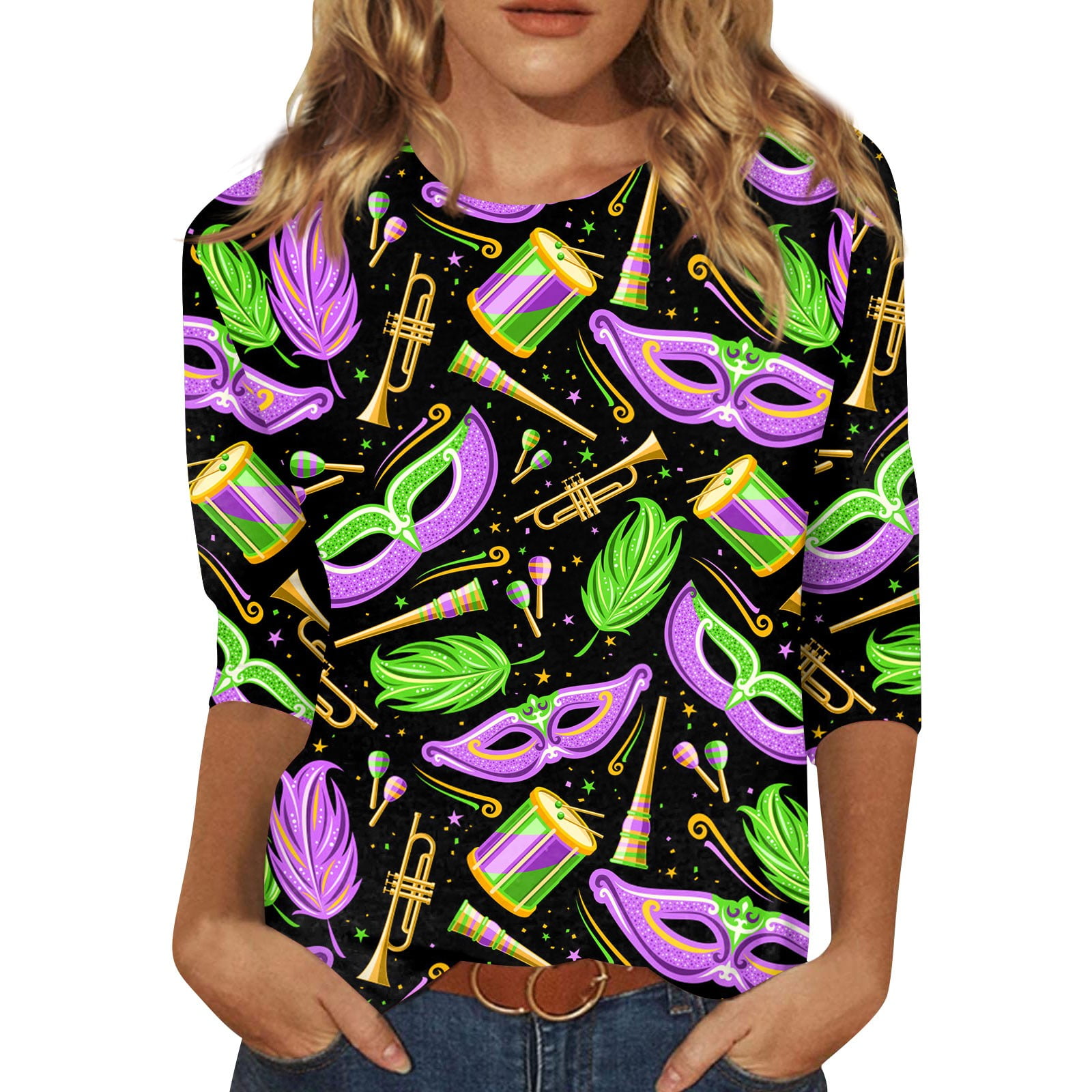 Mlqidk 2024 Carnival Womens Tops 3/4 Sleeve Crewneck Carnival Shirts