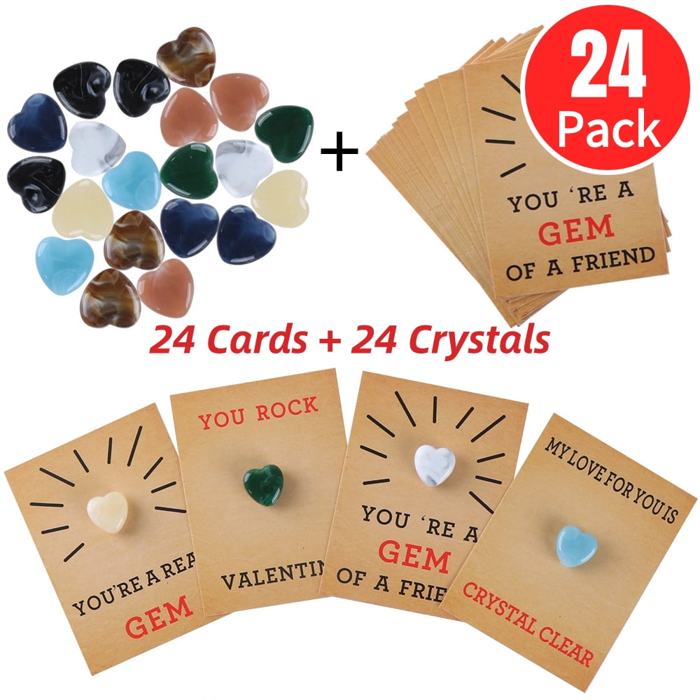 Mlqidk 24 Pack Valentines Cards with Heart Shape Crystal Stones