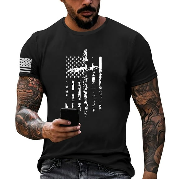 Mlqidk 4th Of July Shirts Men Patriotic Independence Day American Flag Tshirt Stars and Stripes Tee Tops Casual Crew Neck Short Sleeve Hawaiian Shirt Black L