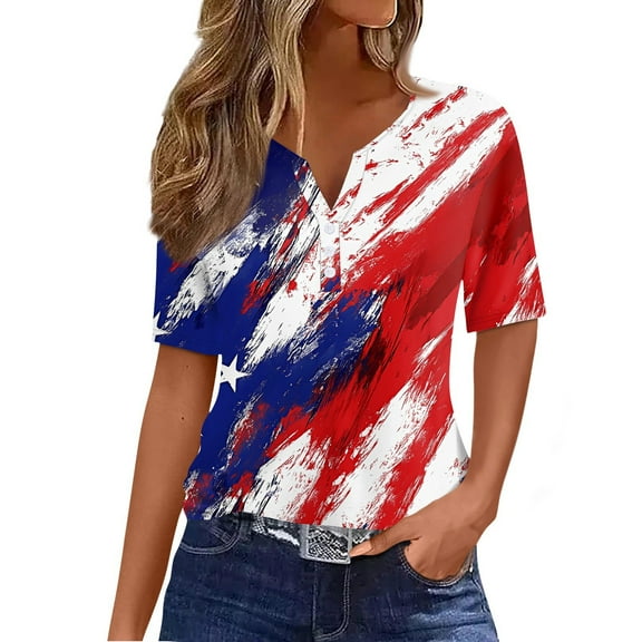 Mlqidk 4th Of July Shirts Women Patriotic Independence Day Short Sleeve Tee Tops Stars and Stripes V Neck Button T-Shirt Vermilion S