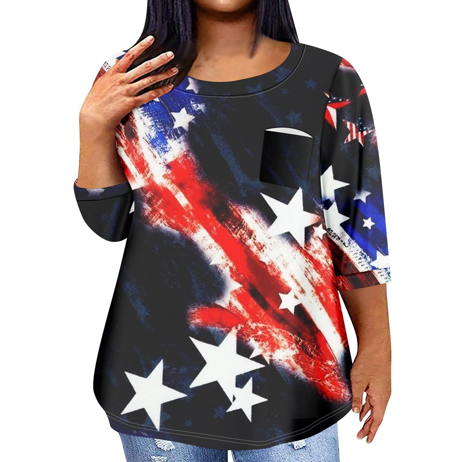 Mlqidk American Flag Plus Size Tops for Women Sexy Loose Fit Tunic 4th