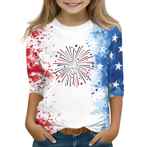 Mlqidk American Flag Shirt Girls 3/4 Sleeve 4th Of July T-Shirt Kids Independence Day Stars and Stripes Crew Neck Tops Kids Navy 14-15Y