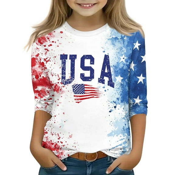Mlqidk American Flag Shirt Girls 4th Of July 3/4 Sleeve Tee Tops Patriotic Stars and Stripes Crew Neck T-Shirt Kids Light Blue 8-9Y