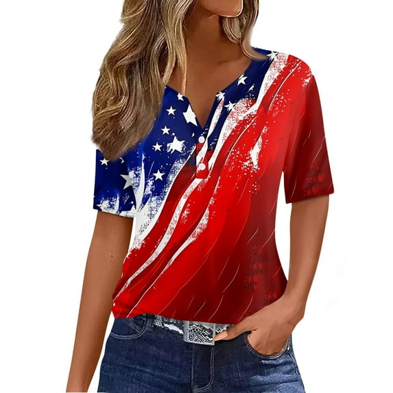 Mlqidk American Flag Shirt Women 4th Of July Memorial Day Tee Tops Red White and Blue Short Sleeve V Neck T-Shirt Red 2XL