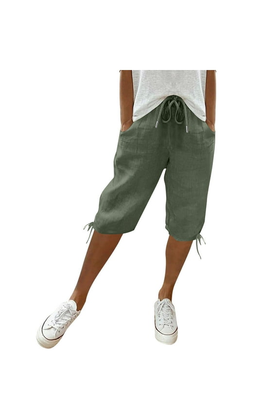 Mlqidk Army Green Linen Capri Pants for Women Dressy Casual Bermuda Shorts Knee Length Elastic Waist Pedal Pushers Trendy Summer Linen Capri Pants with Pockets Army Green 3XL