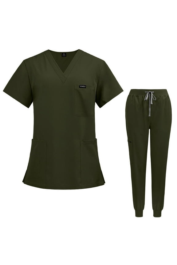 Army Green Scrubs Sets for Women Comfortable Scrubs Set V Neck Top & Jogger Pant with Pockets Nurse Scubs Army Green M