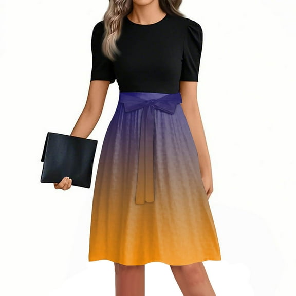 Mlqidk Women's Casual Dresses Puff Sleeve Flowy Midi Dresses Gradient Print Tie Waist Long Church T-Shirt Dress Formal Teacher Clothes Orange S