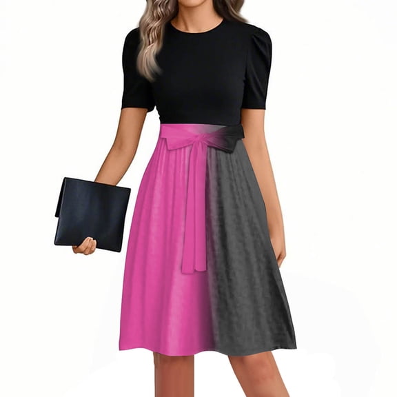 Mlqidk Work Dresses for Women 2025 Work Flowy Puff Sleeve Teacher Dress Midi Dresses Gradient Print Tie Waist Long Shirt Dresses Formal Funeral Outfit Black M
