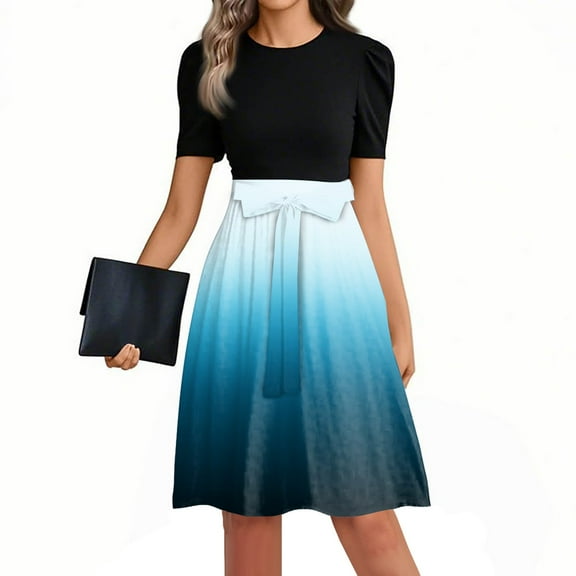 Mlqidk Midi Dresses for Women Puff Sleeve Gradient Print Office Midi Dresses Tie Waist Long Flowy Shirt Dresses Formal Teacher Clothes Sky Blue M