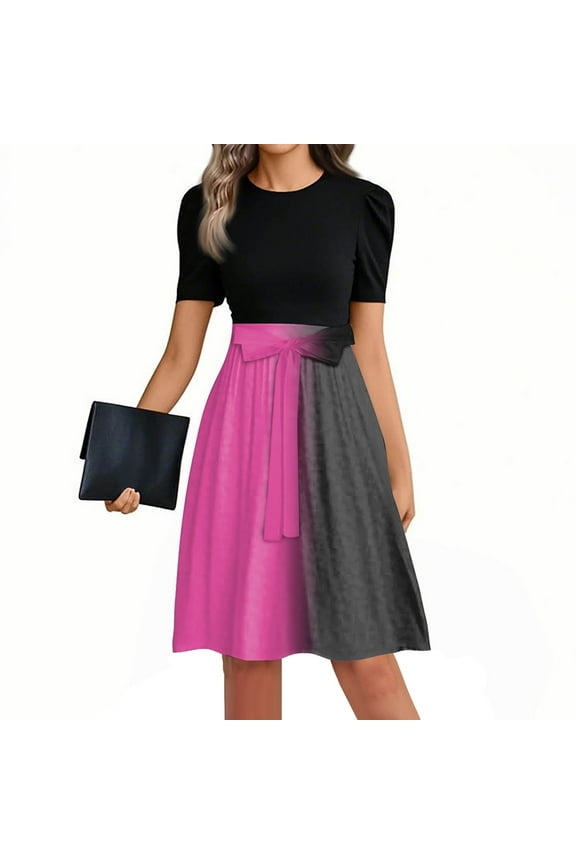 Mlqidk Gradient Dress for Women Puff Sleeve Teacher Dress Flowy Midi Dresses Floral Print Tie Waist Long Business T-Shirt Dress Fashion Office Attire Black S