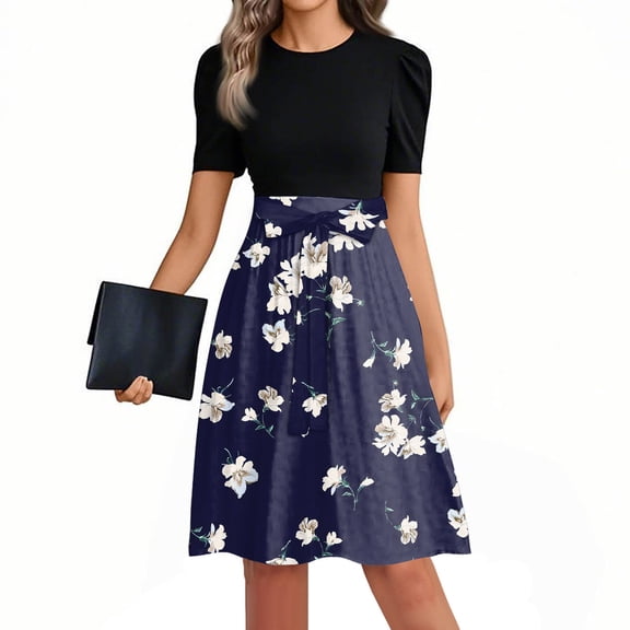 Mlqidk Dresses for Women 2025 Puff Sleeve Business Teacher Dress Floral Print Boho Tie Waist Long Patchwork Ruffle Hem A Line Dress Fashion Teacher Clothes Dark Blue M