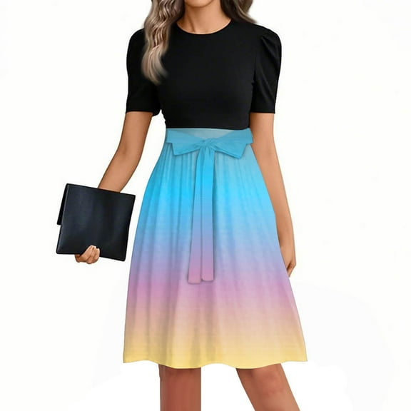 Mlqidk Dresses for Women 2025 Casual Boho Puff Sleeve Work Dresses Gradient Print Tie Waist Long Patchwork Ruffle Hem A Line Dress Formal Teacher Clothes Light Blue S