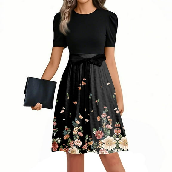 Mlqidk Work Dresses for Women 2025 Puff Sleeve Floral Print Casual Midi Dresses Tie Waist Long Cute Patchwork Ruffle Hem A Line Dress Wedding Guest Teacher Clothes Khaki 2XL